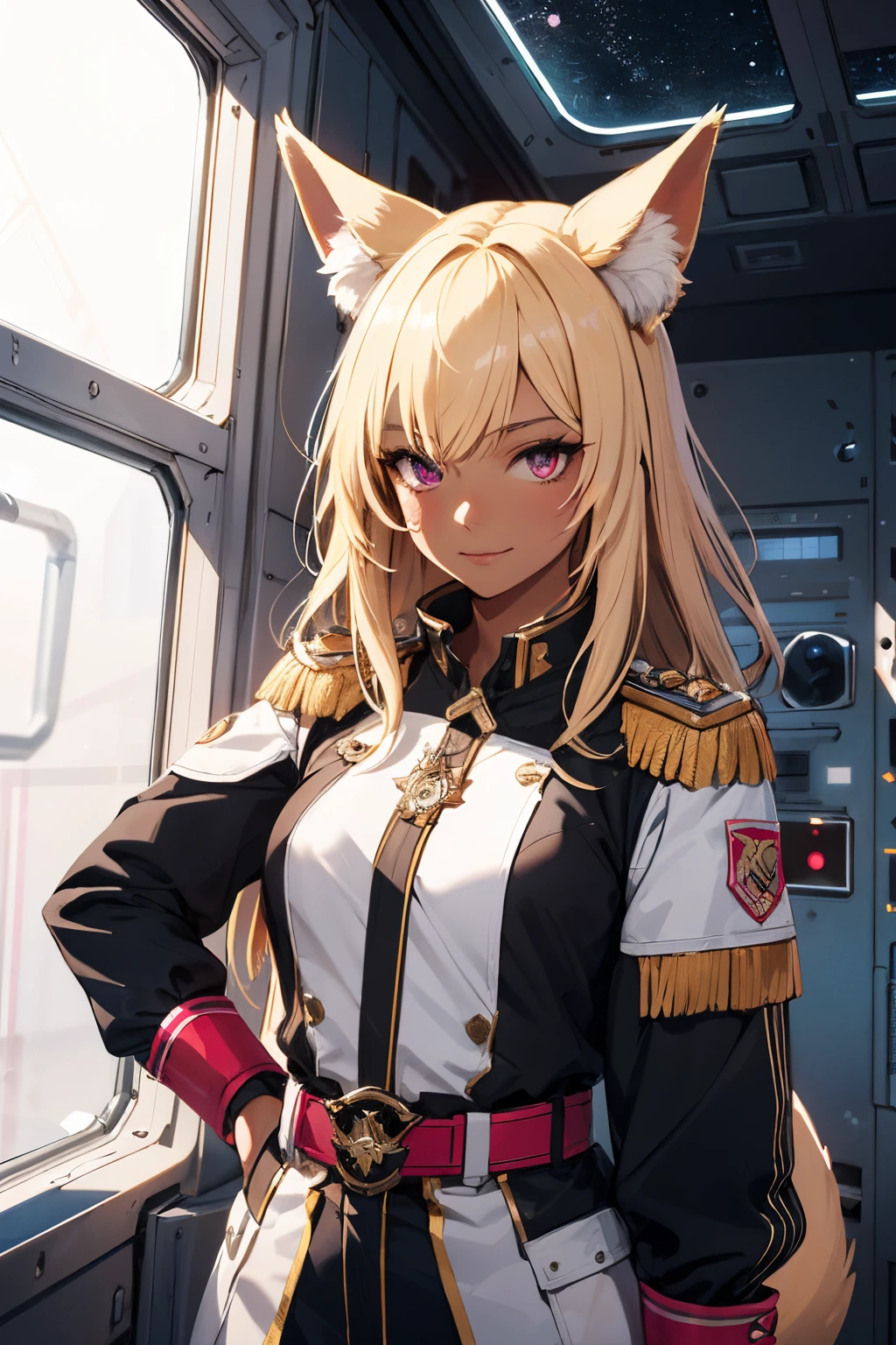 ((best quality)), ((masterpiece)), (detailed), perfect face, woman, fox ears fox tail, blonde hair, pink eyes, commander, smug , dark tan skin. in spaceship by window, luscious hair , right shoulder pauldron, stylized military uniform jacket