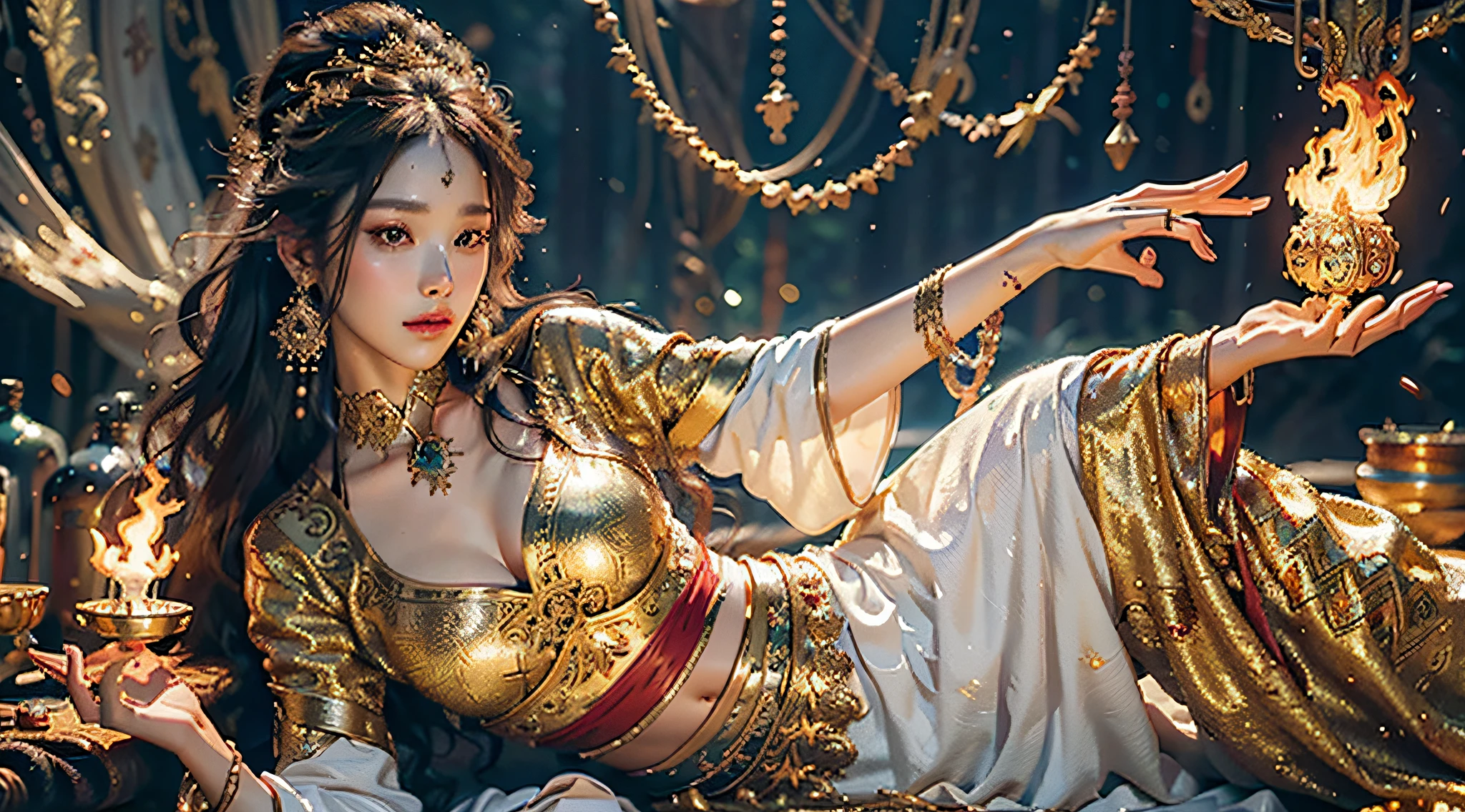 Best quality,masterpiece,ultra high res,(photorealistic:1.4)1girl,beautiful_face,detailed skin,full body,yuhuoshu,jewelry,solo,earrings,(fire:1.3),blurry,realistic,lips, (masterpiece, top quality, best quality, official art, beautiful and aesthetic:1.2), (1girl), extreme detailed,colorful,highest detailed, official art, unity 8k wallpaper, ultra detailed, beautiful and aesthetic, beautiful, masterpiece, best quality, (zentangle, mandala, tangle, entangle) ,holy light,gold foil,gold leaf art,glitter drawing, PerfectNwsjMajic