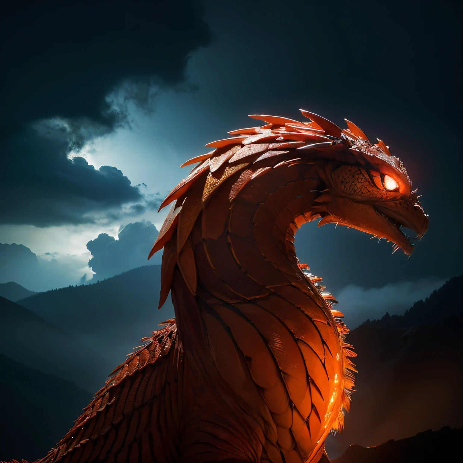 critters,drak,red-orange scales,The scales glow,Angular,Strong sense of three-dimensionality,The claws are sharp,There are clouds and mist around you,