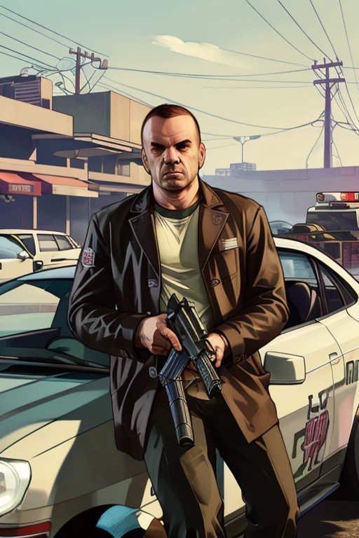 (GTA art, gtav style:1.2), 1man, Black Clothes, RPG Rocket launcher, car bombing, gangs, gunfightotion Blur), (best composition), poster style, enhance, intricate, (best quality, masterpiece, Representative work, official art, Professional, unity 8k wallpaper:1.3)