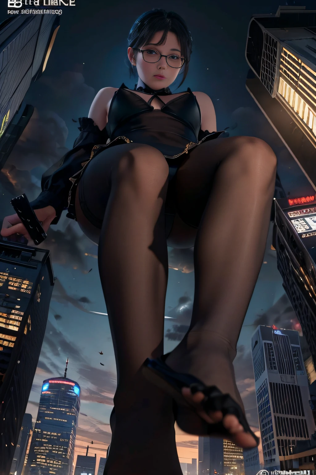 giantess art, highly detailed giantess shot, der riese, Shorthair, Giant woman bigger than a skyscraper。Wearing rimless glasses。Colossal tits。Big ass。Underwear。lace bra。Lace panties。Black pantyhose、Pantyhose sole、Pantyhose Toe、hands off shoes。very small metropolis。Trying to destroy a miniature metropolis。Full body depiction。nffsw, der riese, Black pantyhose, Pantyhose legs, Pantyhose feet, ,Stomping City,crash city,Small town,micro city,