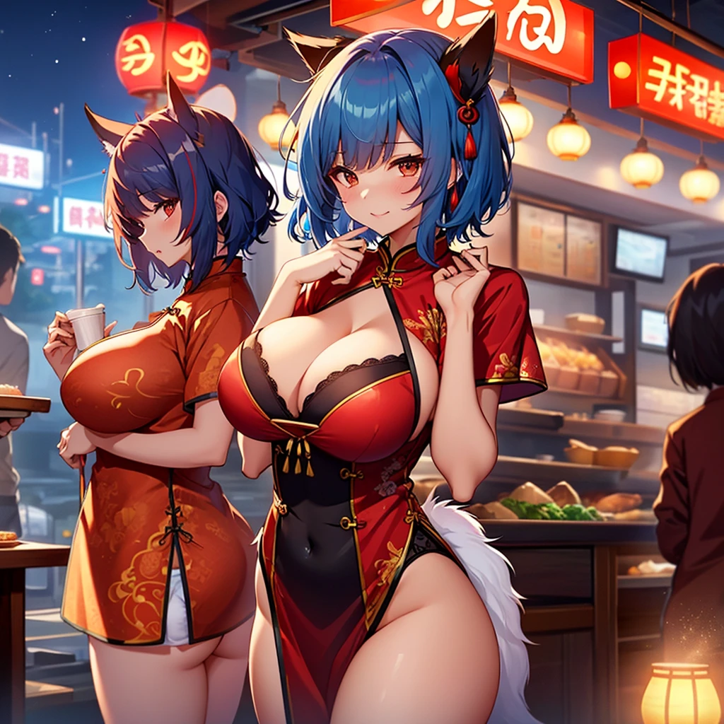 A sexy　Red cheongsam　short-hair　Colossal tits　a  high school student　Shy　Fox ears and tail　Blue hair　cleavage of the breast　Chinese restaurant at night　underpants