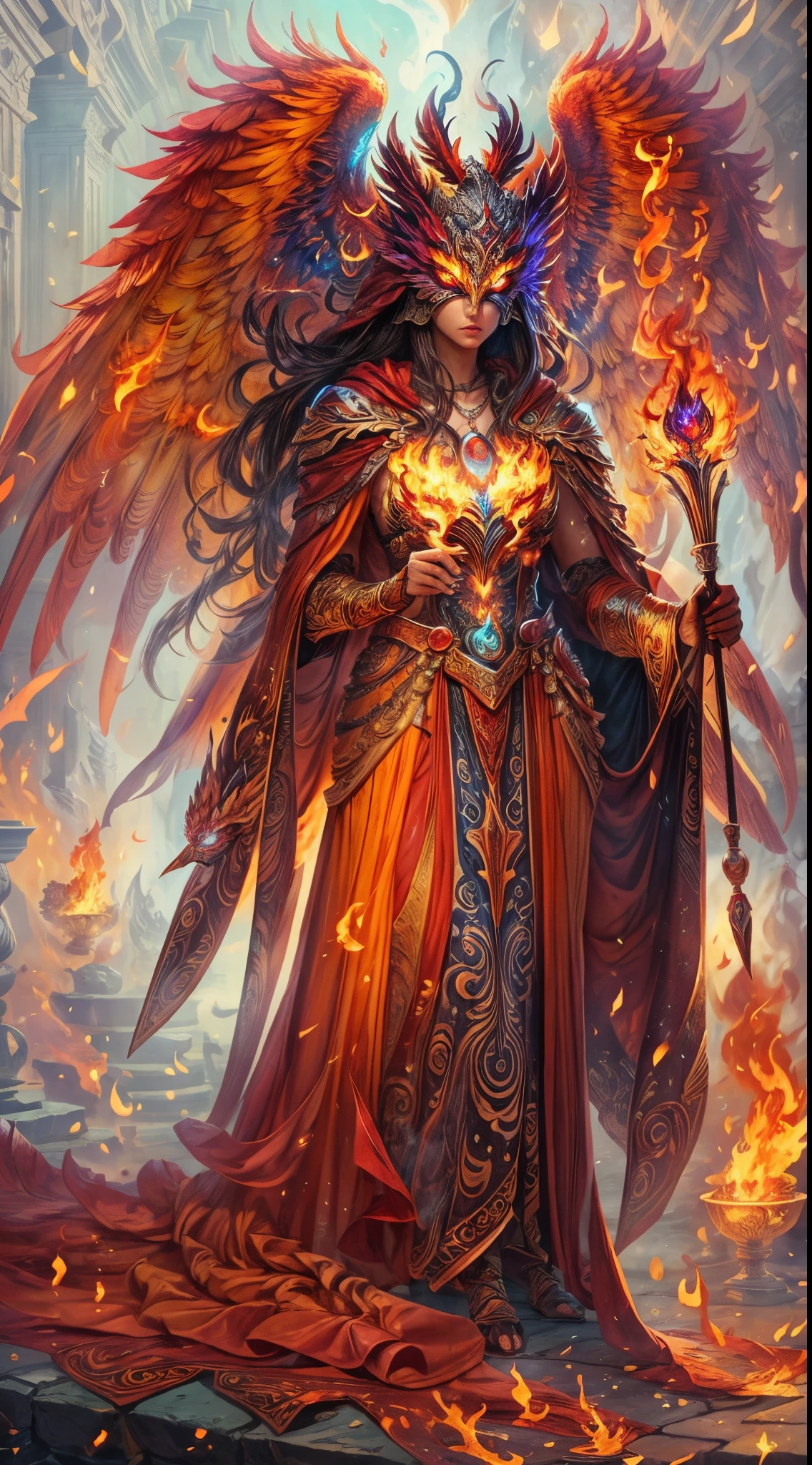 (best quality,4k,8k,highres,masterpiece:1.2),ultra-detailed,(realistic,photorealistic,photo-realistic:1.37),fantasy,heroine,portraits,fire,mystical,flames,raging inferno,burning scorching heat,golden glow,firestorm,glowing embers,shadowy darkness,unleashed power,enigmatic,fiery wings,wisdom,strength,mythic creature,eternal flame,herald of rebirth,beautiful detailed eyes,beautiful detailed lips,long eyelashes,fiery gaze,awe-inspiring,enchanted beauty,ancient guardian,elemental force,graceful presence,intense passion,magical aura,supernatural strength,a symbol of resilience,mythical firebird,majestic,talon gloves,fire ruby necklace,flame-resistant suit,ethereal,immortal guardian,fire manipulation,phoenix keeper,guardian of the phoenix,fiercely loyal,protector of the sacred bird,sculpted mask,fireproof cloak,mythical creature whisperer
