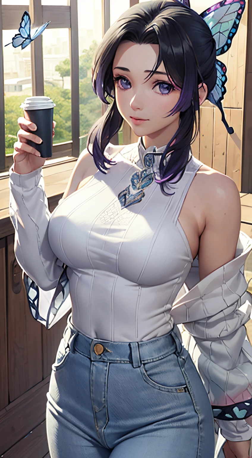 Ultra-realistic 8K CG,tmasterpiece,((Ultra detailed backgrounds,delicate patterns,intricate-detail)),best qualtiy,very vey very detailed face,extremely detailed eye and face,Very detailed eyes,kochou shinobu,O cabelo multicolorido,No bangs,Hair intake,Purple Eye, Countless butterflies flying around,Background in the city, rays of sunshine,Beautiful sky,enchanting posture,(Large breasts:1.1),(White knitwear:1.4), (Denim Long Skirt:1.3), (off shoulders:1.2), Having a coffee, cowboy shot