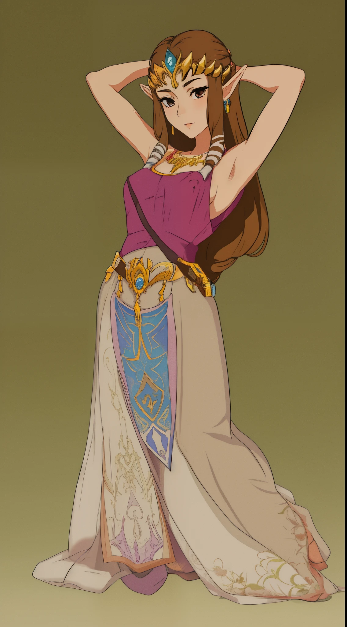 8K high quality, high accuracy, princess zelda, beautiful, beautiful woman, small face, full body, twilight princess, beautiful, bright, highlights in eyes, small ears, brown hair, sexy, super big tits, extra large tits, nipples, erotic, illustration, beautiful line drawing.Arms raised, armpits showing, crouching posture, simple background,