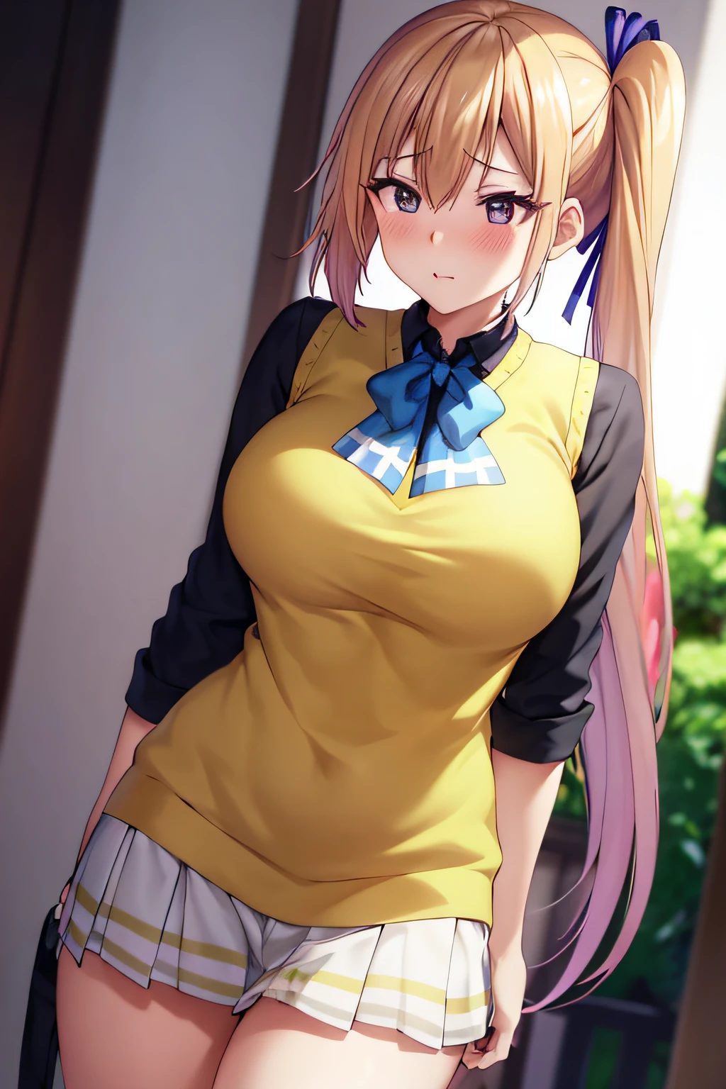 ​masterpiece, (top-quality), 1womanl,1girl in,1 boy,,kawakami_touko, blonde  hair, length hair, side poneyTail, a purple eye, Sweater Vest, 校服, skirt by the, Big breasts,bow ribbon, Hair Ribbon, Mole under the eyes,Female sexy, embarrassed from,red blush, vivd colour,,natural soft light,nffsw, , Beautiful fece, (详细的脸:1.2), showcase, (perfect  eyes:1.1) ,(Photorealsitic:1.1), 8K UHD, Look at viewers, outside of house, simple background