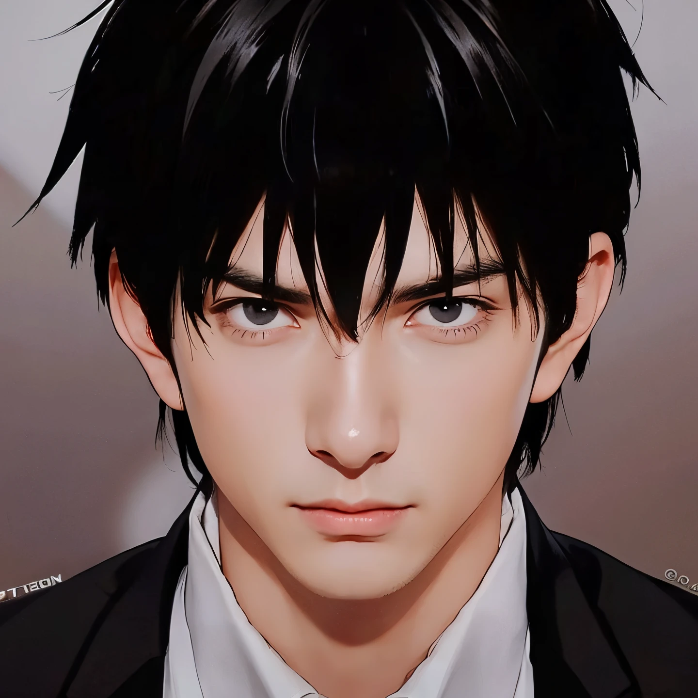A man with realistic black hair, (same realistic hairstyle), realistic handsome face, realistic stern expression, adapts the same realistic clothes, realistic light, realistic shadows, realistic background, good image quality, very good image results, 4k, ultra detailed, realistic