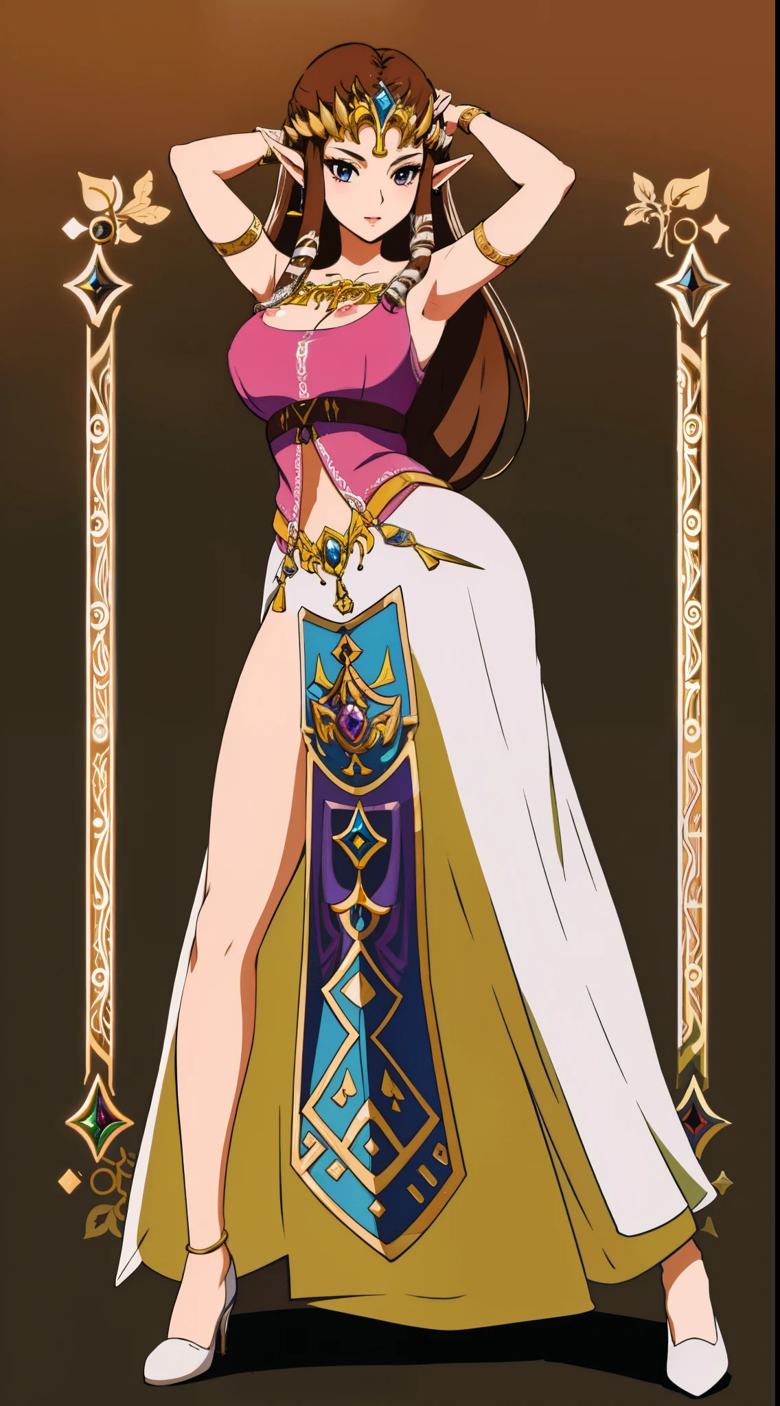8K high quality, high accuracy, princess zelda, beautiful, beautiful woman, small face, full body, twilight princess, beautiful, bright, highlights in eyes, small ears, brown hair, sexy, super big tits, extra large tits, nipples, erotic, illustration, beautiful line drawing.Arms raised, armpits showing, crouching posture, simple background,