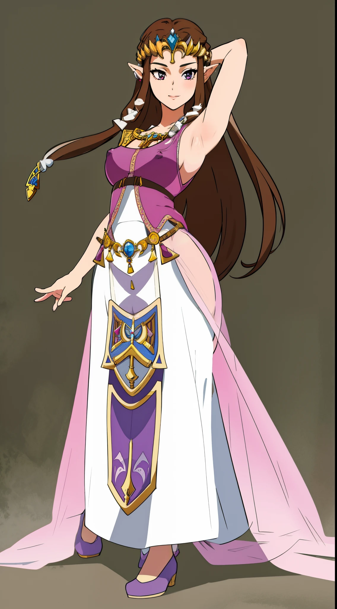 8K high quality, high accuracy, princess zelda, beautiful, beautiful woman, small face, full body, twilight princess, beautiful, bright, highlights in eyes, small ears, brown hair, sexy, super big tits, extra large tits, nipples, erotic, illustration, beautiful line drawing.Arms raised, armpits showing, crouching posture, simple background,