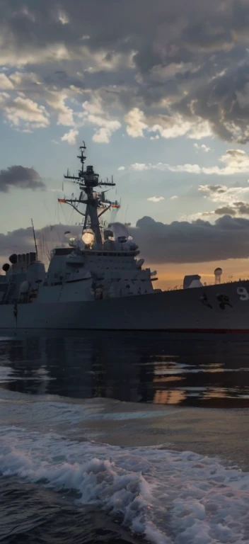 late sunset,Federer naval ship in the water,sky with many clouds, warships, taken from the side, seen from the side, warships, navy, still photo, at sunrise, seen from outside, ( Greg Rutkoski ), At sunset, seen from the side, naval background, Side photo, Photos taken at night, early evening, still photo, natta