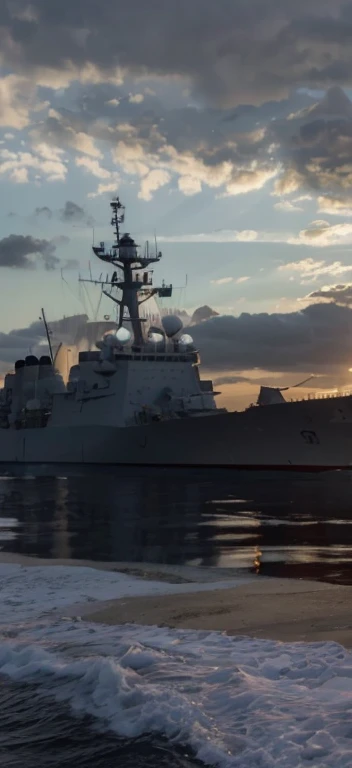 late sunset,Federer naval ship in the water,sky with many clouds, warships, taken from the side, seen from the side, warships, navy, still photo, at sunrise, seen from outside, ( Greg Rutkoski ), At sunset, seen from the side, naval background, Side photo, Photos taken at night, early evening, still photo, natta