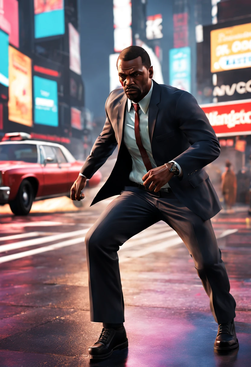 (GTA art, gtav style:1.2), (Motion Blur), (best composition), 1man, Times Square, gangster, poster style, enhance, intricate, (best quality, masterpiece, Representative work, official art, Professional, unity 8k wallpaper:1.3)