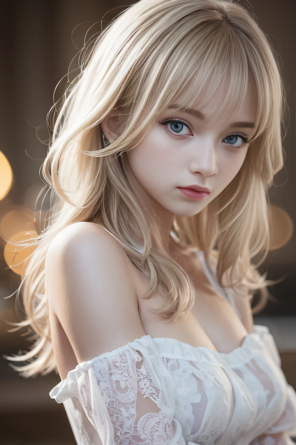 bright expression、Young shiny shiny white shiny skin、Best Lookronde Reflection Light、Platinum blonde hair with dazzling highlights、shiny light hair,、Super long silky straight hair、Beautiful bangs that shine、Glowing crystal clear attractive big blue eyes、Very beautiful nice cute 16 year old girl、Lush bust,Beautiful detailed eyes, beautiful detailed nose,(( Full body:1.5)),Makeup that the eyes emphasize、,(Women like Joan of Arc)、Royal style,Comic style, , Sub-surface scattering, ornate detail, nature backdrop, Super, ((Cinematic)), Dramatic Lighting, masutepiece、((Off-the-shoulder white shirt dress:1.4))、((Fight on the battlefield))、(Loose and fluffy perm:1.4)、1 girl in、((Bob Hair:1.3))、Ultra realistic 8K CG, Picture-perfect face, flawless, clean, masutepiece, Professional artwork, famousartwork, Perfect face, Beautiful face, Beautiful eyes, ((Perfect female body)), Solo,(Immersive atmosphere, Chiaroscuro:1.5,Bright light:1.2,Luminous lighting),(blush:0.5),fascinated expression,Extremely detailed_Eyes,thick thighs,Large,beautifullydetailedbackground,depth of fields,Realistic:1.3, longshot,Sitting, Full body, (ambient lights:1.3),(Cinematic composition:1.3),(Neon light:0.1),(nffsw:0.1),Accent Lighting, pantyhose,