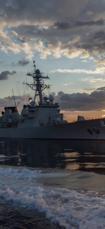 late sunset,Federer naval ship in the water,sky with many clouds, warships, taken from the side, seen from the side, warships, navy, still photo, at sunrise, seen from outside, ( Greg Rutkoski ), At sunset, seen from the side, naval background, photo from the side, Photos taken at night, early evening, still photo, natta
