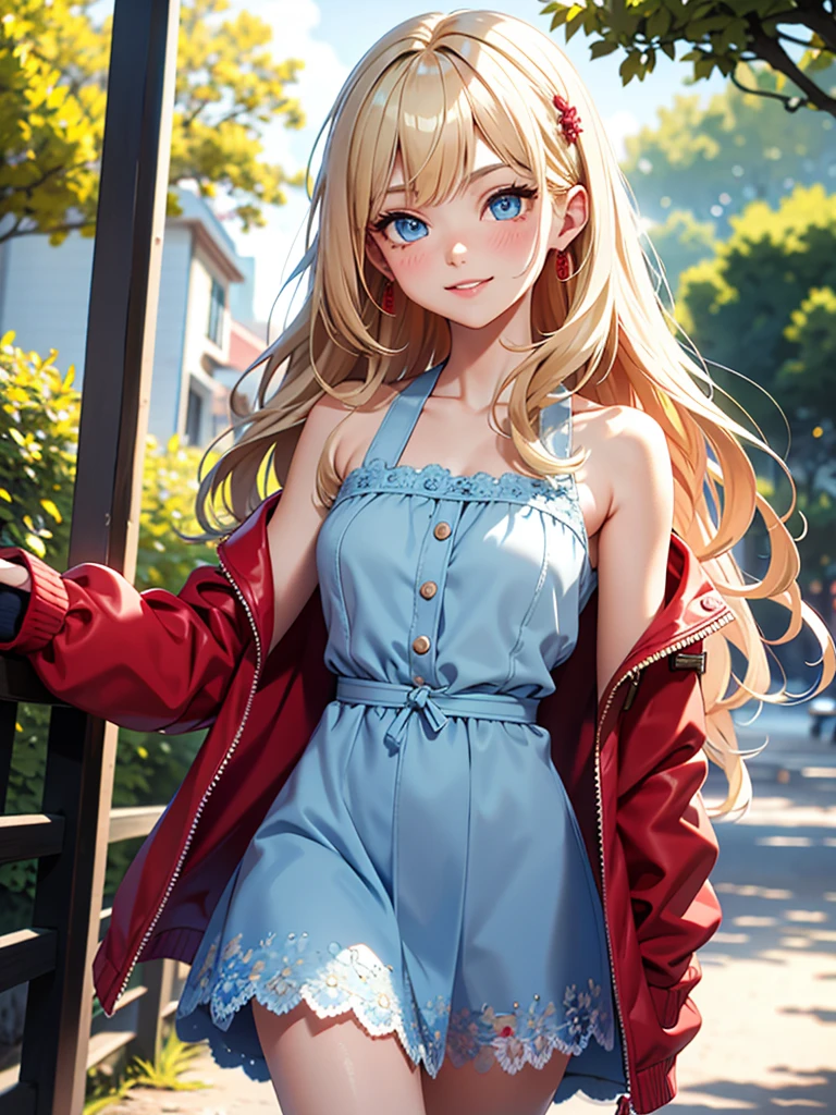 best quality, 1girl, masterpiece, best quality, 8k, detailed skin texture, ((beautiful detailed face)), intricate details, long blonde hair, parted bangs, (cowboy shot), detailed blue eyes, happy face, 18 years old, neat girl, bare shoulders, (depth of field:1.2), blush, kind smile, ((light blue short dress)), (red plastic jacket:1.2), (red headphones), (walking in the park, half body)