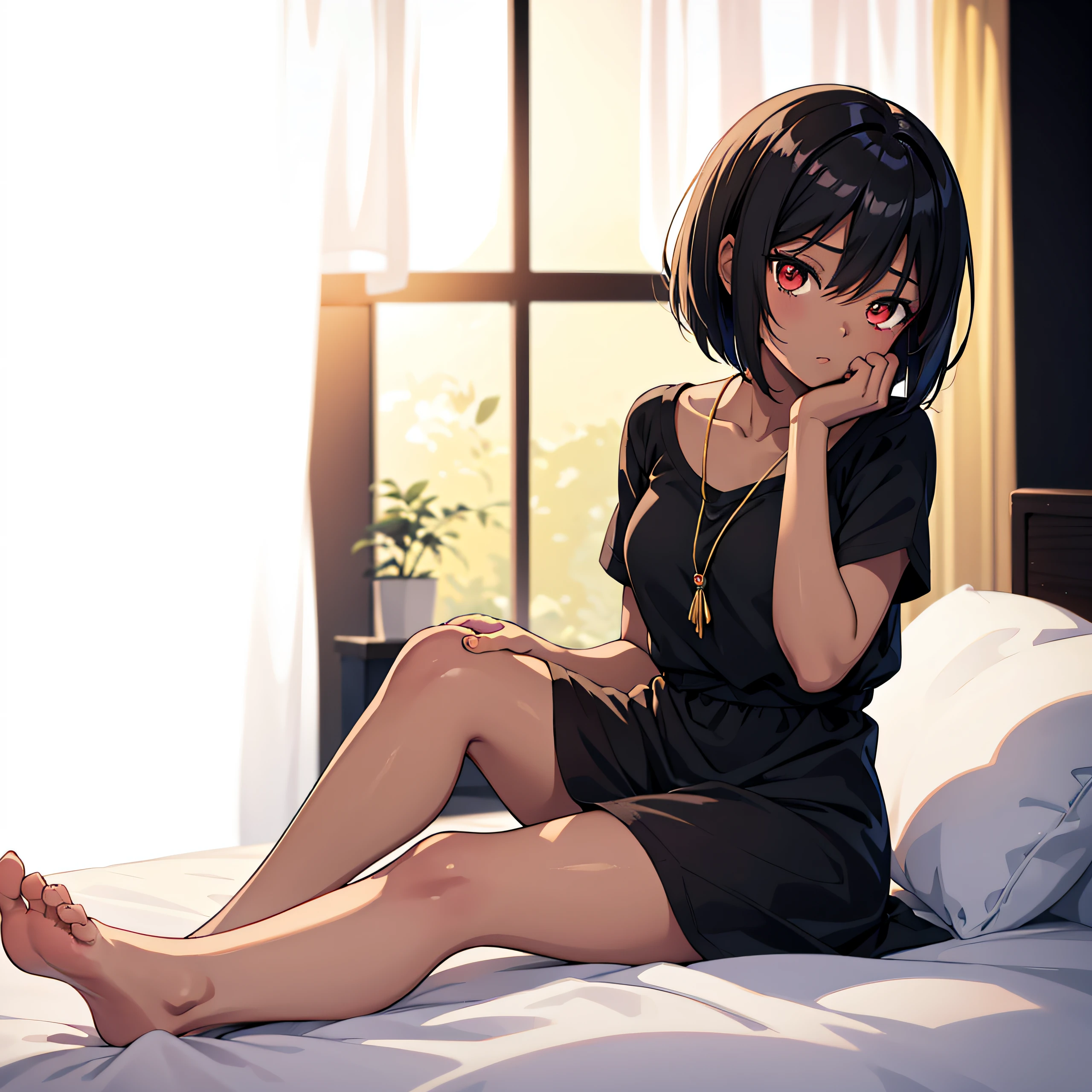 Dark skin anime girl sitting on bed，Place your hands on your face, clean backdrop, Anime cute art style, High quality anime art style, anime vibes, anime art style, anime art style, beautiful anime art style, style of anime, Anime style illustration, style of anime, Anime visuals of a cute girl, lovely art style, Pure black background color, style of anime, Lovely dress, Medium and short hair, Bob Hairstyles, red eyes, Tall girl, short  skirt, sit on a bed, with black background, solid black background, deep dark background, the feet