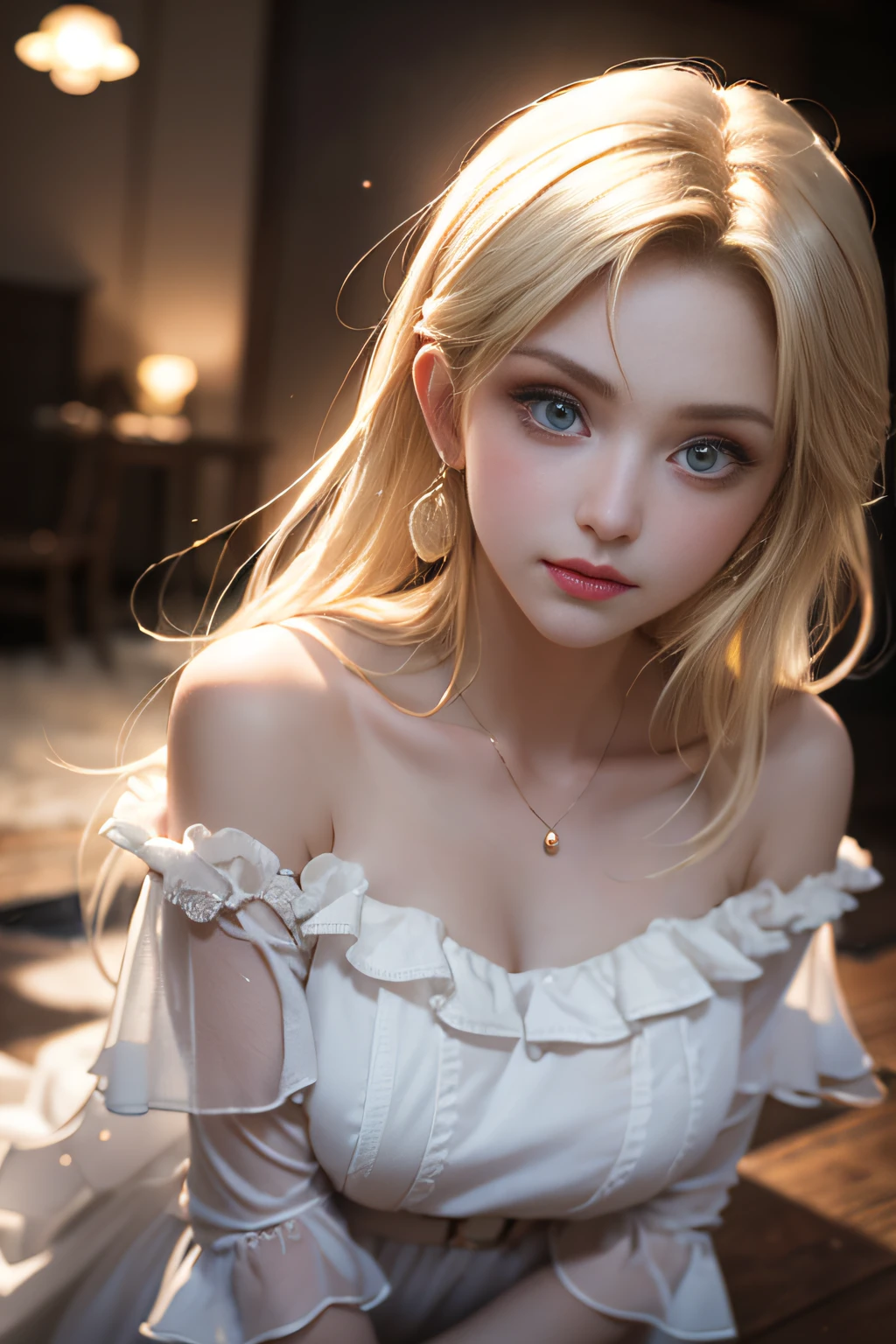 bright expression、Young shiny shiny white shiny skin、Best Look Rondo Reflective Light、Platinum blonde hair with dazzling highlights、shiny light hair,、Super long silky straight hair、Beautiful bangs that shine、Glowing crystal clear attractive big blue eyes、Very beautiful nice cute 16 year old girl、Lush bust,Beautiful detailed eyes, beautiful detailed nose,(( Full body:1.5)),Makeup that the eyes emphasize、,(Women like Joan of Arc)、Royal style，Comic style, , Sub-surface scattering, ornate detail, nature backdrop, Supergianthugebreasts, ((Cinematic)), Dramatic Lighting, masutepiece、((Transparent off-shoulder white shirt dress:1.4))、(Loose and fluffy perm:1.4)、1 girl in、((Bob Hair:1.3))、Ultra realistic 8K CG, Picture-perfect face, flawless, clean, masutepiece, Professional artwork, famousartwork, Perfect face, Beautiful face, Beautiful eyes, ((Perfect female body)), Solo,(Immersive atmosphere, Chiaroscuro:1.5,Bright light:1.2,Luminous lighting),(blush:0.5),fascinated expression,Extremely detailed_Eyes,thick thighs,Large,beautifullydetailedbackground,depth of fields,Realistic:1.3, longshot, Full body, (ambient lights:1.3),(Cinematic composition:1.3),(Neon light:0.1),(nffsw:0.1),Accent Lighting, pantyhose,starrysky、Milky Way Galaxy