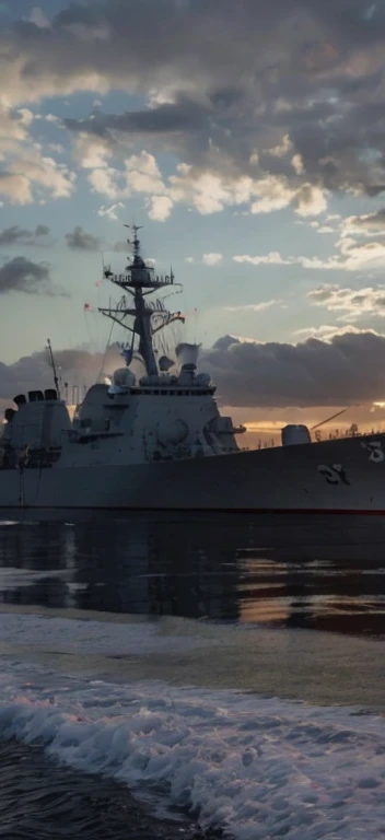 late sunset,Federer naval ship in the water,sky with many clouds, warships, taken from the side, seen from the side, warships, navy, still photo, at sunrise, seen from outside, ( Greg Rutkoski ), At sunset, seen from the side, naval background, photo from the side, Photos taken at night, early evening, still photo, natta