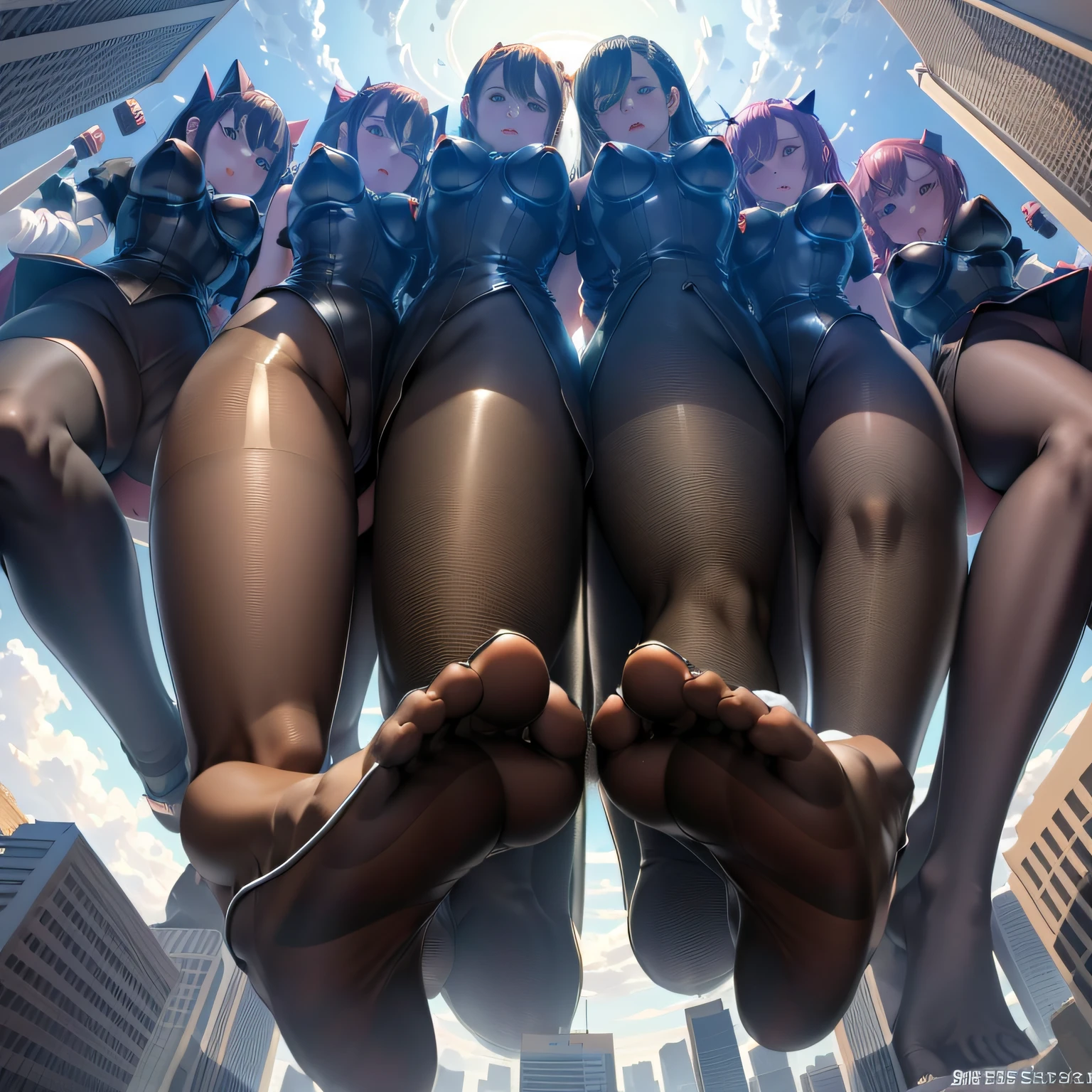 Multiple girls, giantess art, highly detailed giantess shot, der riese, Shorthair, Giant woman bigger than a skyscraper。Wearing rimless glasses。Colossal tits。Big ass。Underwear。lace bra。Lace panties。Black pantyhose、Pantyhose sole、Pantyhose Toe、hands off shoes。very small metropolis。Trying to destroy a miniature metropolis。Full body depiction。nffsw, der riese, Black pantyhose, Pantyhose legs, Pantyhose feet, ,Stomping City,crash city,Small town,micro city,