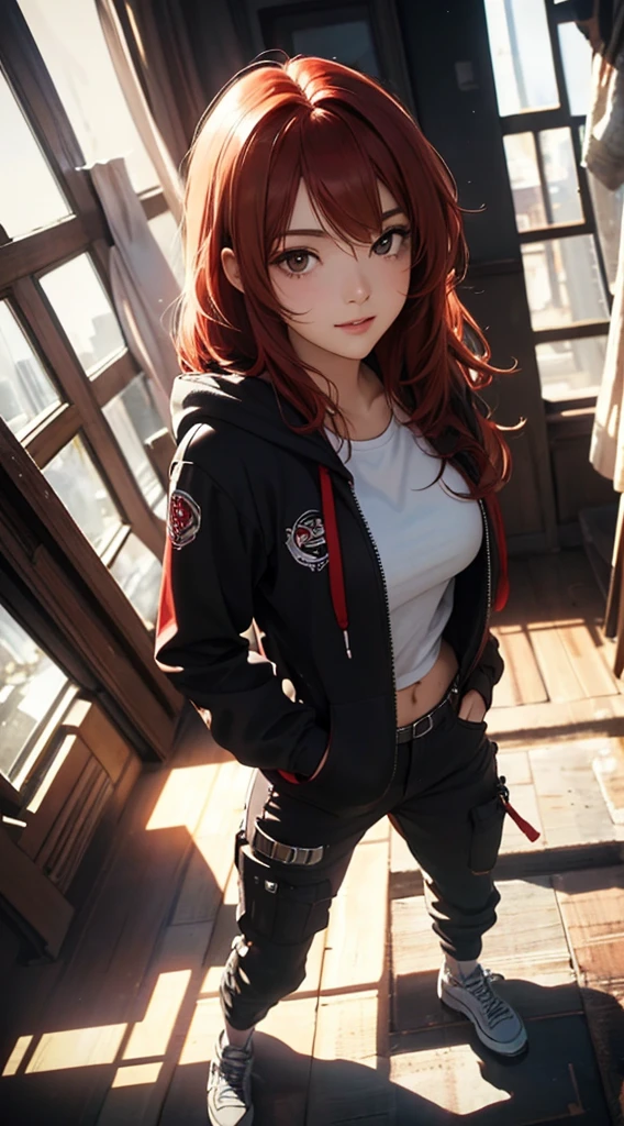 ((8k wallpaper of extremely detailed CG unit, masterpiece, hight resolution, top-quality)), (Beautuful Women, Smile, Hands in pockets:1.8, Grunge Fashion, wearing a zippered hoodie:1.2, wearing sarouel pants:1.2, Wearing shoes:1.1), ((extra detailed face, Highly detailed black eyes, extra detailed body, Top quality real texture skins)), (Red-haired, hair messy, de pele branca, Exposed belly), (inside an empty building, light coming through the window), (high-angle:1.2, Fisheye:1.3), hyper realisitic, digitial painting,