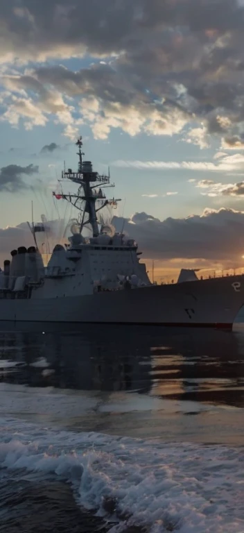 late sunset，Federer naval ship in the water，sky with many clouds, warships, taken from the side, seen from the side, warships, navy, still photo, at sunrise, seen from outside, ( Greg Rutkoski ), At sunset, seen from the side, naval background, photo from the side, Photos taken at night, early evening, still photo, natta