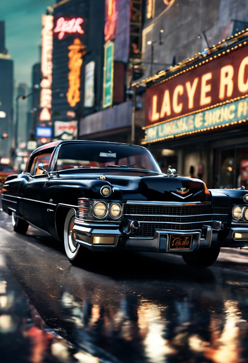 (GTA art, gtav style:1.2), (Motion Blur), (best composition), Classic Cadillac DeVille cruising down a glamorous Las Vegas city boulevard, poster style, enhance, intricate, (best quality, masterpiece, Representative work, official art, Professional, unity 8k wallpaper:1.3)