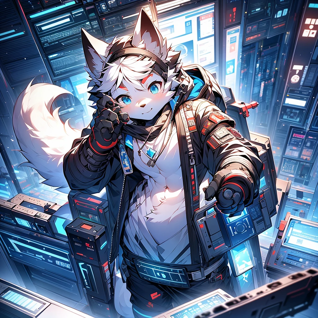 tmasterpiece，Best quality，male people，独奏，A white fox，Young，独奏，adolable，There  a slight flush on the cheeks，cyber punk style，Wearing a blue jacket and white shorts，Armed，face to the viewer，Fits the body structure。