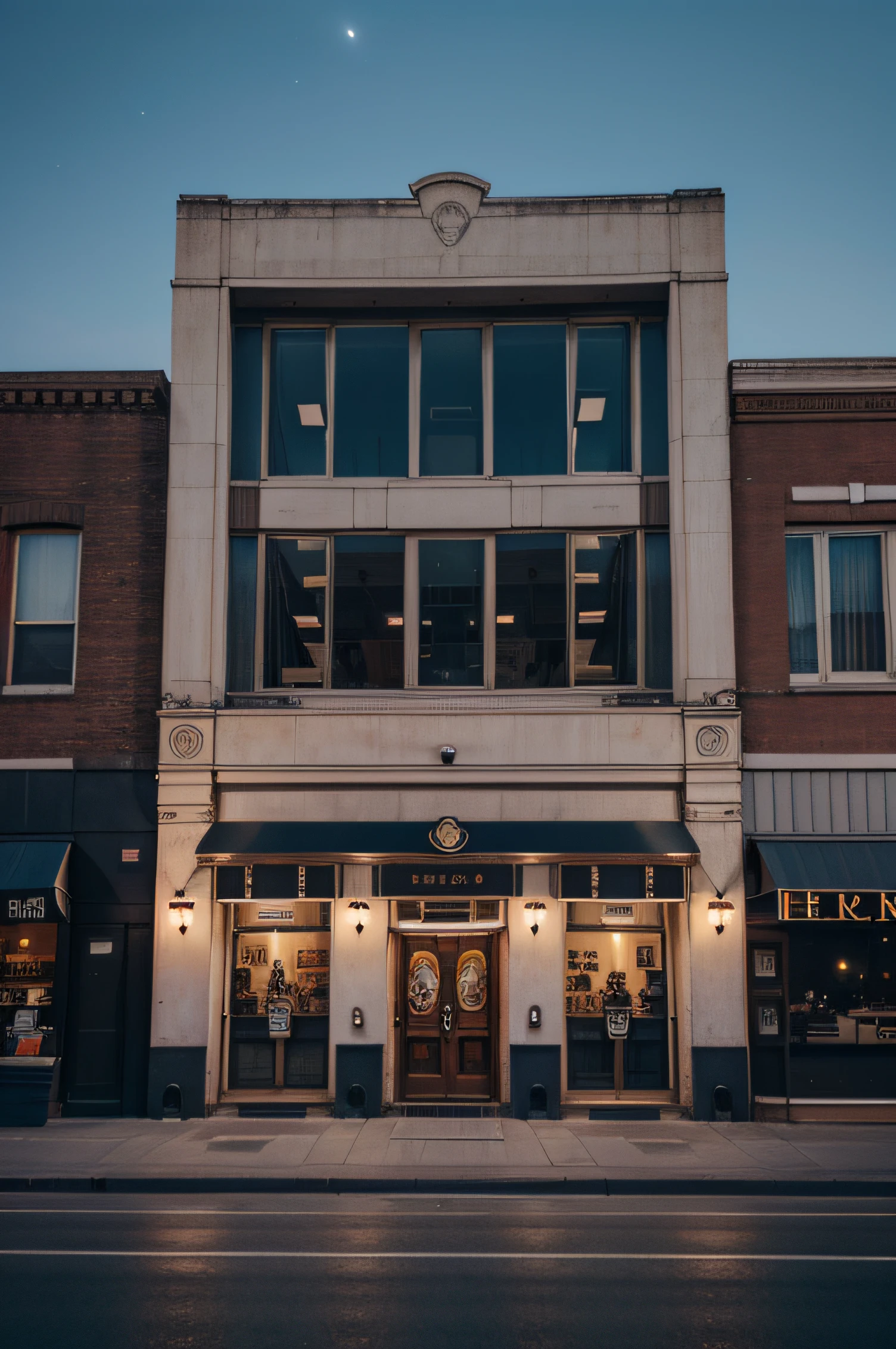 vintage commercial building front view night sceane