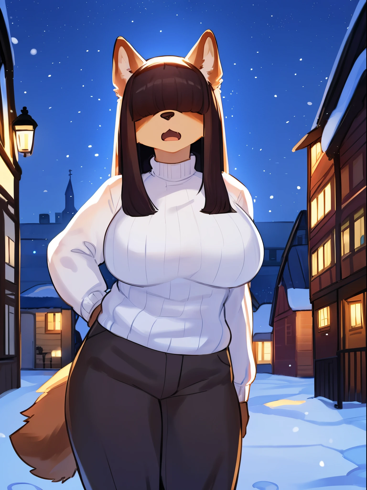 By bebebebebe, by lostgoose, by goonie-san, futa, ((canine, snout, hair covering eyes, straight hair, medium hair, flat hair, ears, thin snout)), brown fur, big poofy tail, raised tail, dark maroon hair, (muscular, big breasts), solo, standing, town, winter, snow, snowing, night, shocked, surprised, open mouth, jazz hands, white turtleneck sweater, winter pants, looking at viewer, facing viewer