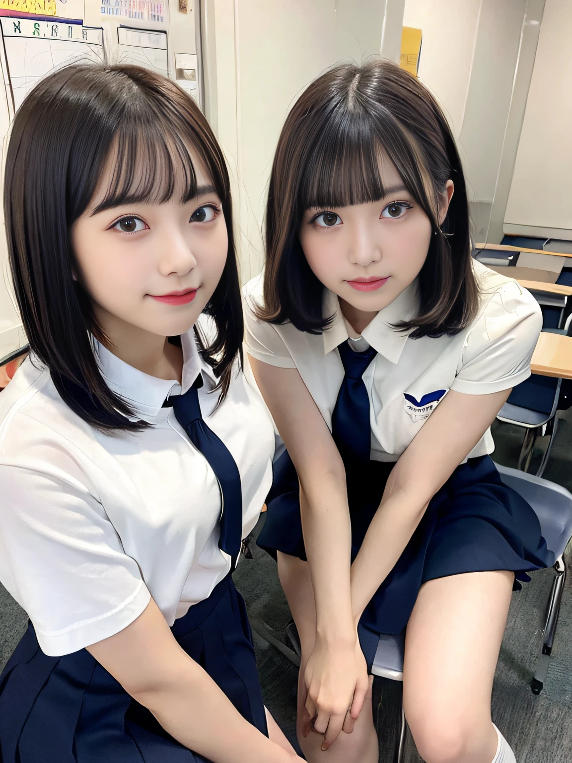 Female duo、23years old, school classrooms、high-school uniform:1.2,Dark blue skirt、bob cuts。White Short Sleeve Y-Shirt、shortsleeves、neck tie、Raw feet、Essential items for beautiful legs, Sit in a chair、超A high resolution, (Ecstasy:1.0), 1girl in, (sobbing:1.0), Dark hair, Dramatic Lighting, female dog, Normal-breasted,