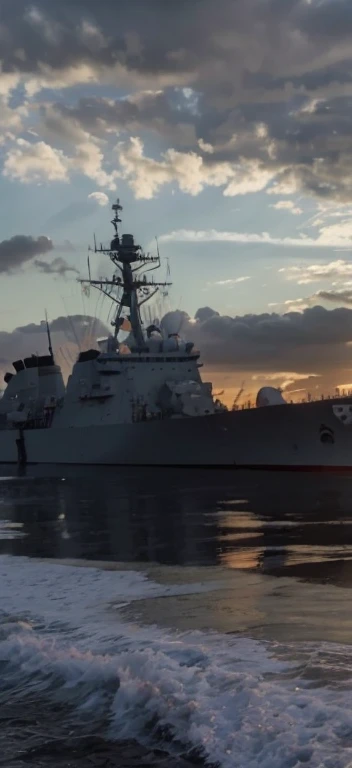 late sunset,Federer naval ship in the water,sky with many clouds, warships, taken from the side, seen from the side, warships, navy, still photo, at sunrise, seen from outside, ( Greg Rutkoski ), At sunset, seen from the side, naval background, photo from the side, Photos taken at night, early evening, still photo, natta