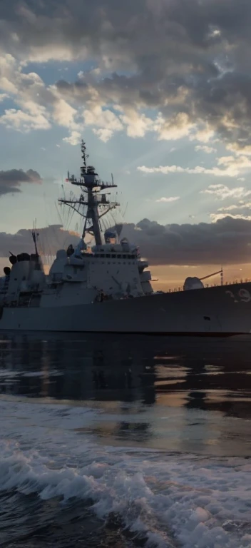late sunset,Federer naval ship in the water,sky with many clouds, warships, taken from the side, seen from the side, warships, navy, still photo, at sunrise, seen from outside, ( Greg Rutkoski ), At sunset, seen from the side, naval background, photo from the side, Photos taken at night, early evening, still photo, natta