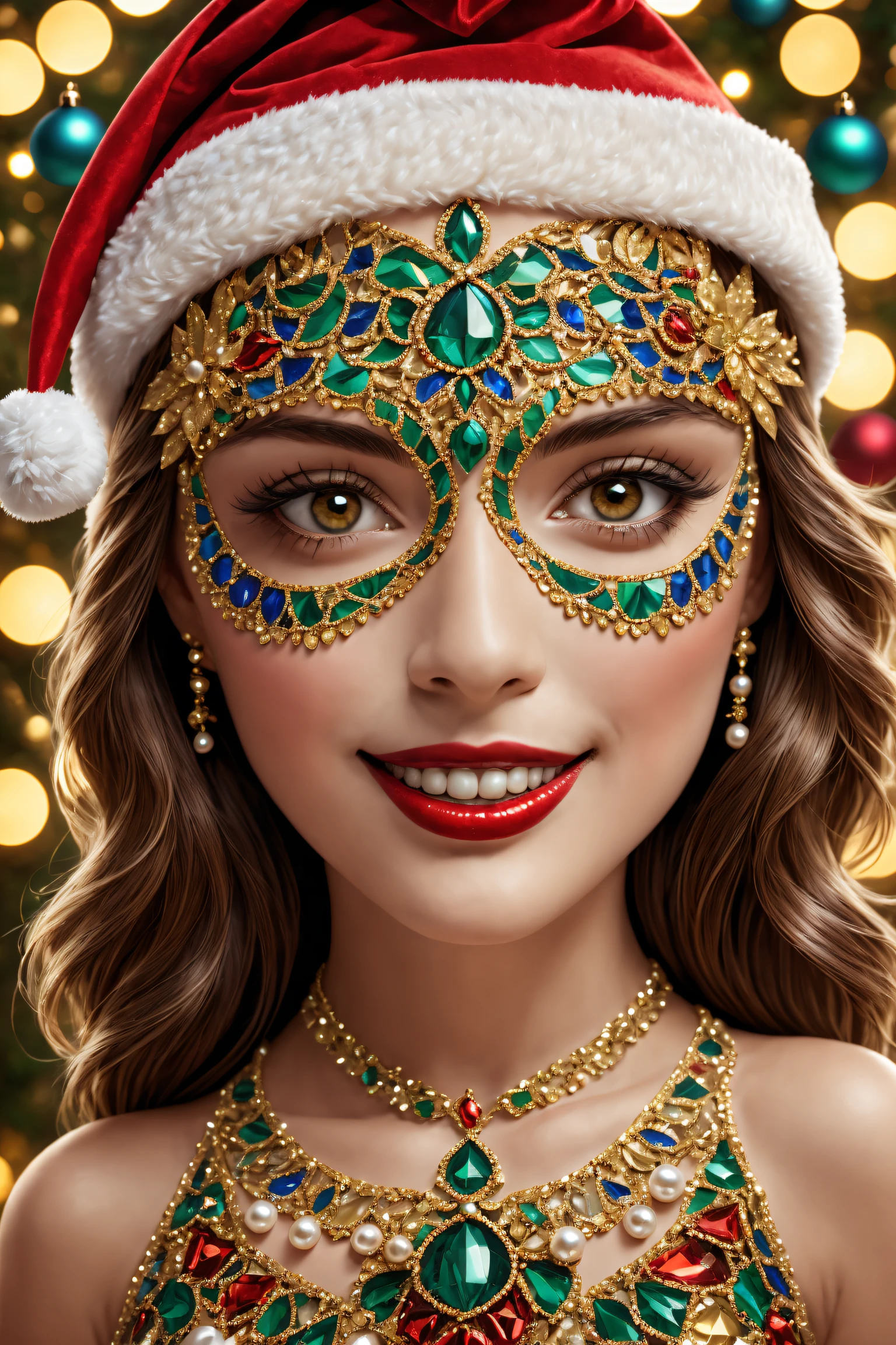 (Mosaic Christmas mask),one-girl,Santa hat,A festive smile,pearls necklace,Golden mosaic pattern on mask,festive atmosphere,sporty attire,mosaic art,Christmas celebrationestive colors,colorful adornments。