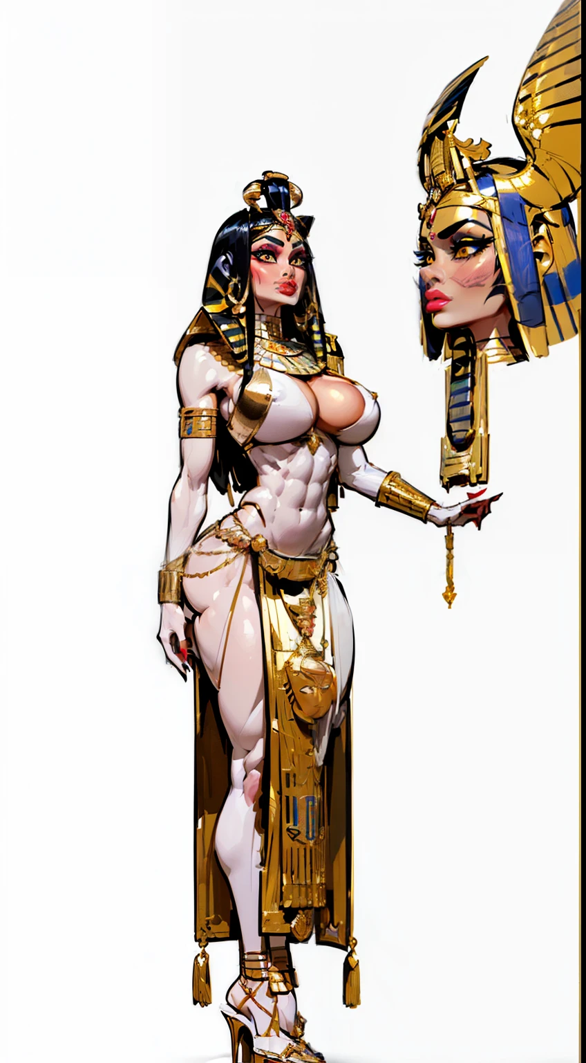 ((side profile)), ((full body view:1.4)), ((masterpiece)),(((best quality))), ((egyptian empress, mature face)), ((middle eastern eyes:1.4)), ((Vulture crown:1.4)), (((septum piercing)), defined cheekbones, high cheekbones, illustration, ((muscular:1.3)), ((gold:1.4)), sexy bimbo, (gigantic breasts:1.7) ((long Egyptian headpiece)), black hair, ((detailed face:1.4)) beautiful woman, (egyptian:1.4), colored skin, (white skin:1.4) , (red lipstick:1.4), shiny skin, ((skindentation)), scribbles and marks,(puffy lips:1.4) , (temple: 1.5), ( at night: 1.5), rough sketches, pose, 8k,16k, ( background, white background: 1.3) ((warm color palette)), ((ancient aesthetic))