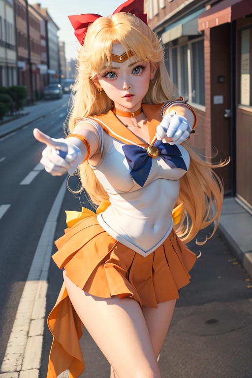 masterpiece, best quality, highres, sv1, sailor senshi uniform, orange skirt, elbow gloves, tiara, pleated skirt, miniskirt, red bow, orange choker, white gloves, jewelry, outdoors, street, cowboy shot, leaning forward, pointing at viewer,