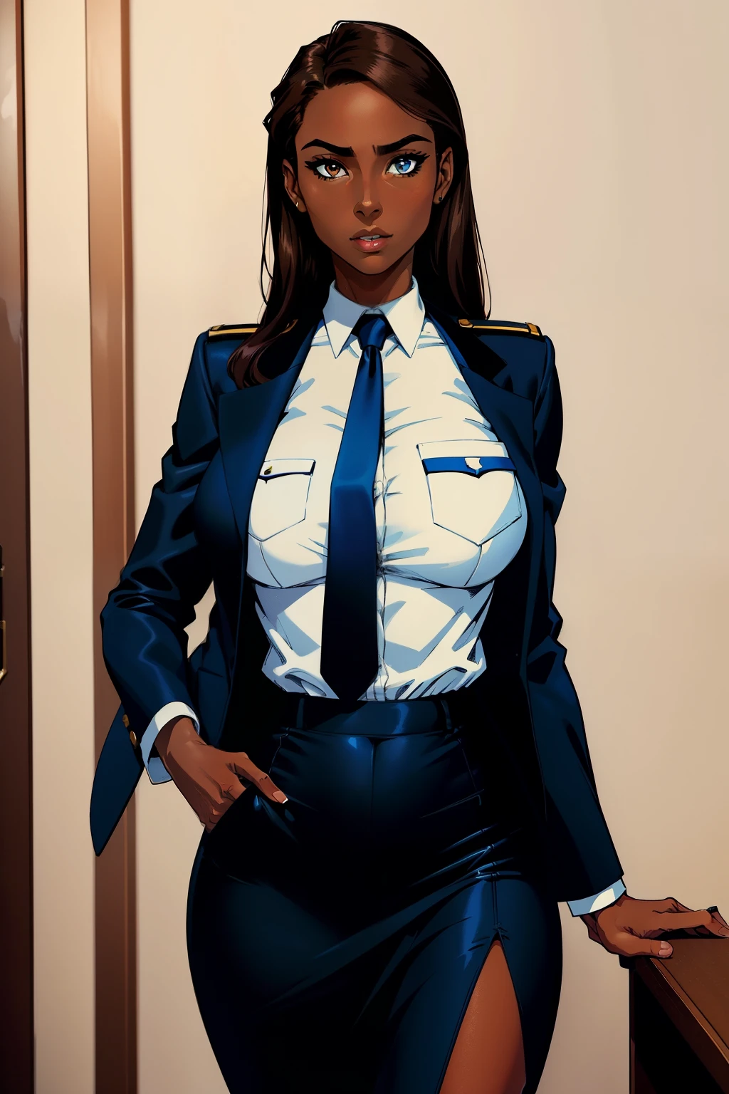 Five-fingered、1 black Female, Alafe Air Force Officer、thin and long legitness Model、abdominaletallic white shirt with breast pocket、blue jacket and pencil skirt、neck tie、Class Chapters、decoration、skin dark tanned、brown skin tone, brown skin, flawless skin、Pose ready to fight