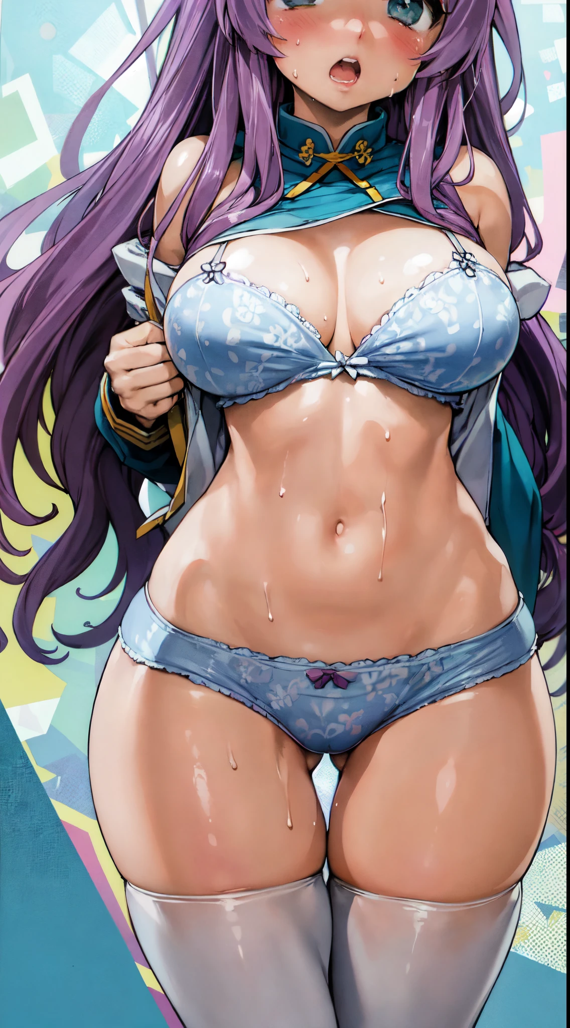 (Perfect body),Best Quality,(8K Portrait),(Official art)、((NSFW))、((Big Big Breasts))、((thick thight))、((big butts))、(Long hair))、(verd s eyes)、 (purple color hair),(Forehead),(Parted bangs)、((Sweat))、(School uniform)、(Light blue lace panties)、(((:o)))、(((((embarrassed from)))))、1girl in、((Hands behind the head))、Armpits、(((Panchira)))、fantasy library