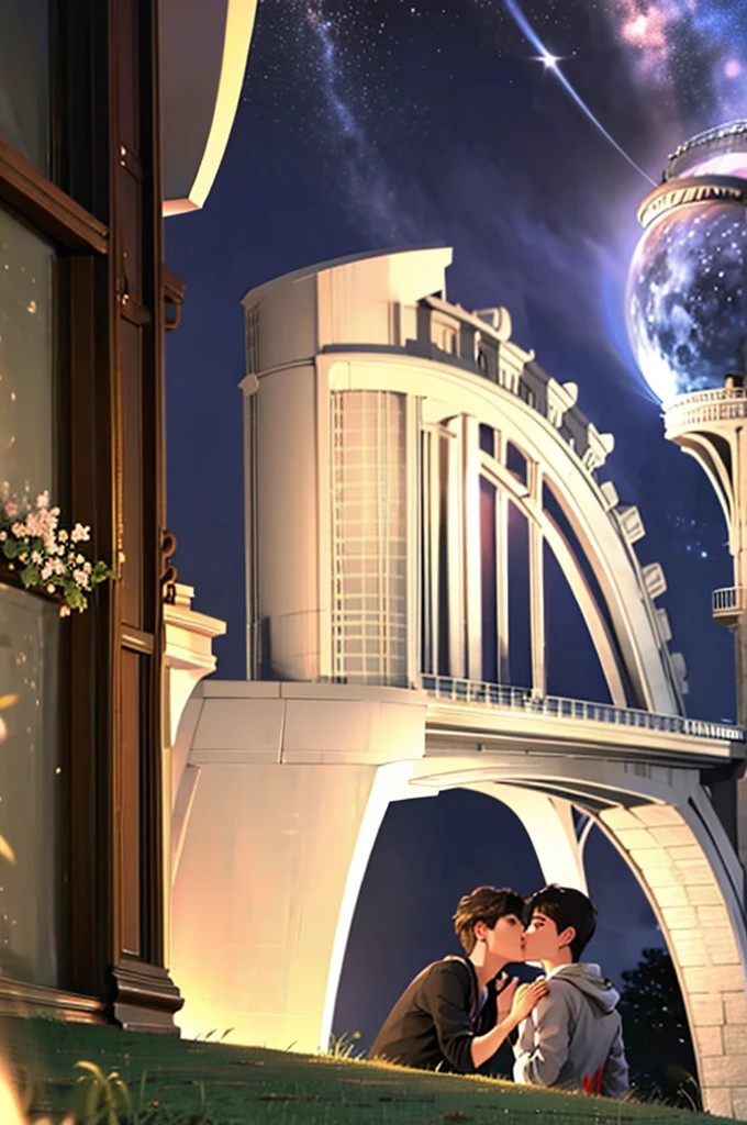 Cute male almost kissing under the stars in a park