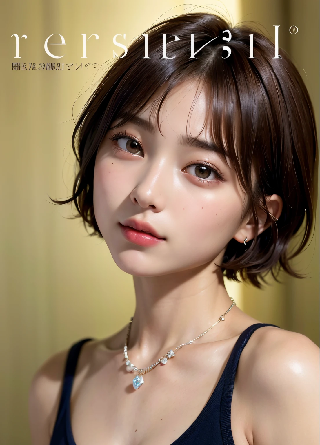 ((top-quality))、(​masterpiece:1.4)、Raw photography、8K、((Top image quality))、 ((hight resolution))、Beautiful face in every detail、Realistic human skin、Gentle expression、(One lady:1.3 )、realisitic、(Bery short hair:1.4)、(Beautuful Women)、(cute Japanese girls:1.3)、(boyish:1.3)、((mannish))、((Pretty Woman))、(Beautiful hair)、((dark brown  hair))、(((Red cheeks)))、(Her eyes are big:1.3)、20-year-old beauty、(her face is small:1.3 )、small head、((long neck))、a necklace、(Cute hairstyle)、fashion magazine models、[smil]、