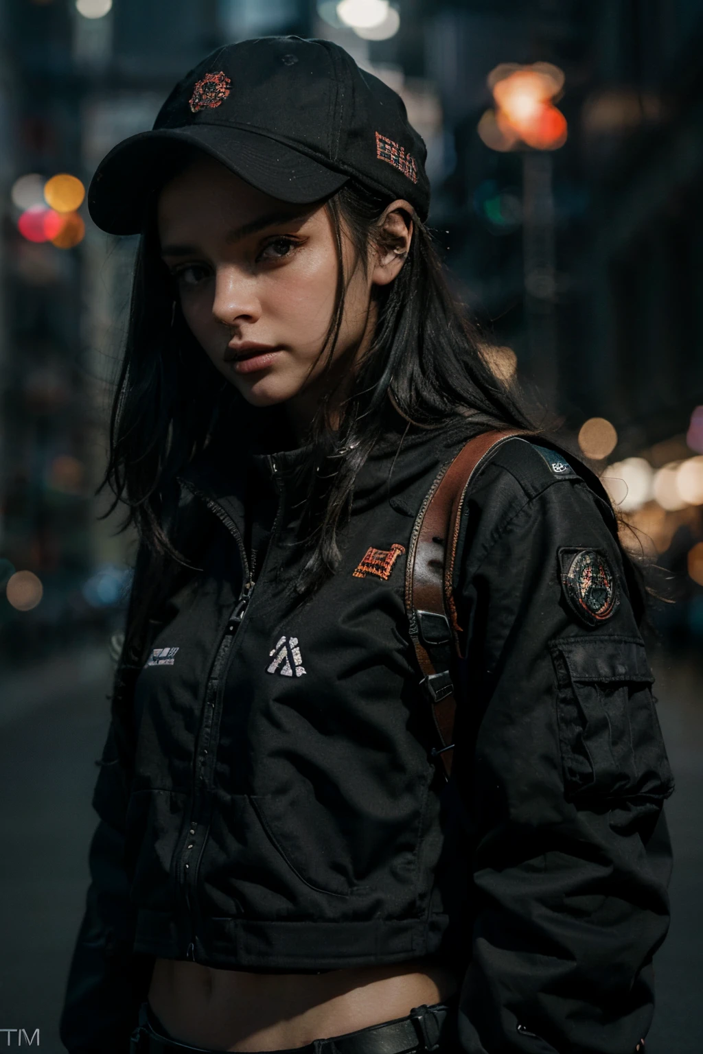 photorealistic:1.4, masterpiece, best quality, solo, Detailed face:1.2, perfectly proportions, photos realistic, ,Photo of mature Ukraine college girl, raw , long black hair, techwear, black baseball cap, black lipstick, blurry background, eye focus, cowboy shot, huge city background, facing front, dramatic light, cinematic light, realistic, realism