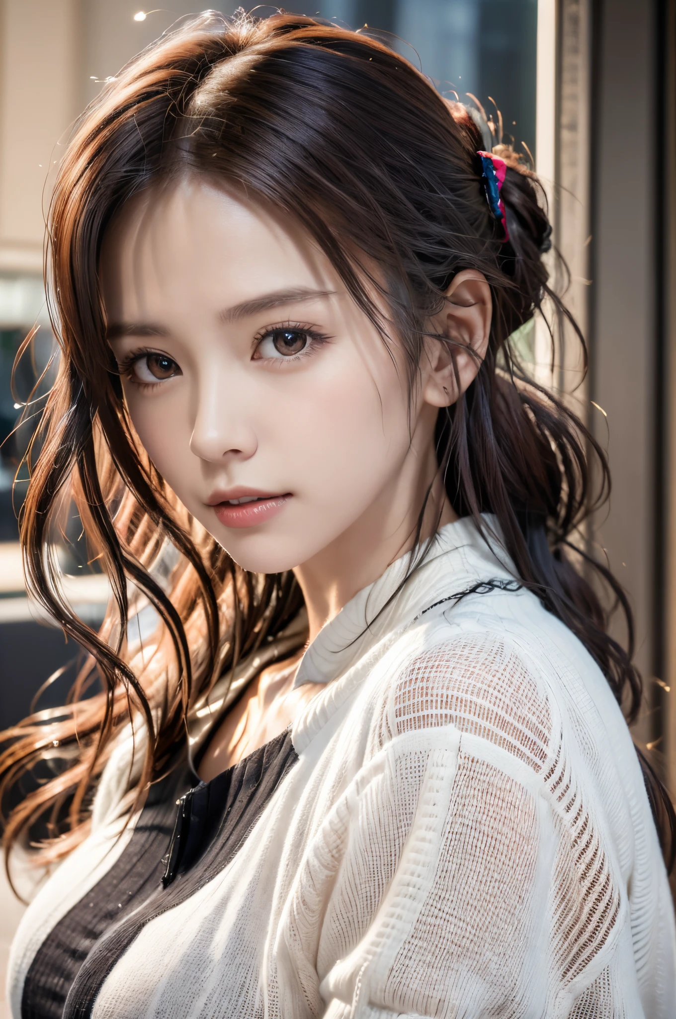 8K, of the highest quality, masutepiece:1.2), (Realistic, Photorealsitic:1.37), of the highest quality, masutepiece, Beautiful young woman, Pensive expression,、A charming、and an inviting look, Oversized knitwear、Hair tied back, Cinematic background, Light skin tone、Ko Shibasaki