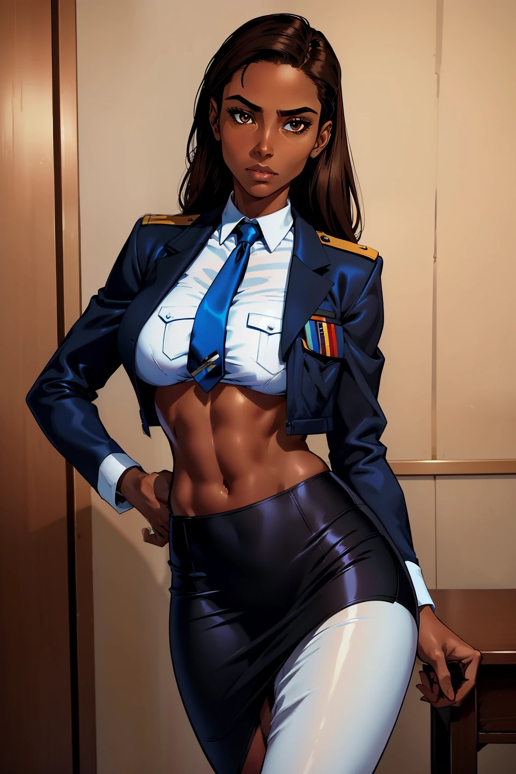 Five-fingered、1 black Female, Alafe Air Force Officer、thin and long legitness Model、abdominaletallic white shirt with breast pocket、blue jacket and pencil skirt、neck tie、Class Chapters、decoration、skin dark tanned、brown skin tone, brown skin, flawless skin、Pose ready to fight