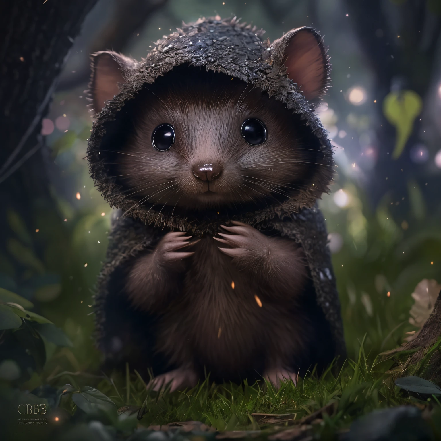 close-up of cute little fireflies, illuminate the bush, detailed picture, cgsociety, Detailed painting, artstation hd, higly detailed, cgsociety, photo realism, ConceptArt, artstation hd, official arts, bokeh ,(CBZBB:1.25)Realism,gremlin, gremlin looks like a mole, woods, house under oak roots, mole peeks out of hole, huge pointed ears, wear a dark leather vest with a hood, CBZBB,***e, *****, ****, Beautiful, Fantasy art, deviant art, trending artstation, Digital Art, Detailed, Realistic, humanoid, character, tiny, Cinematic shot, cinematic portrait of a mole, cute character, looks like a mole,