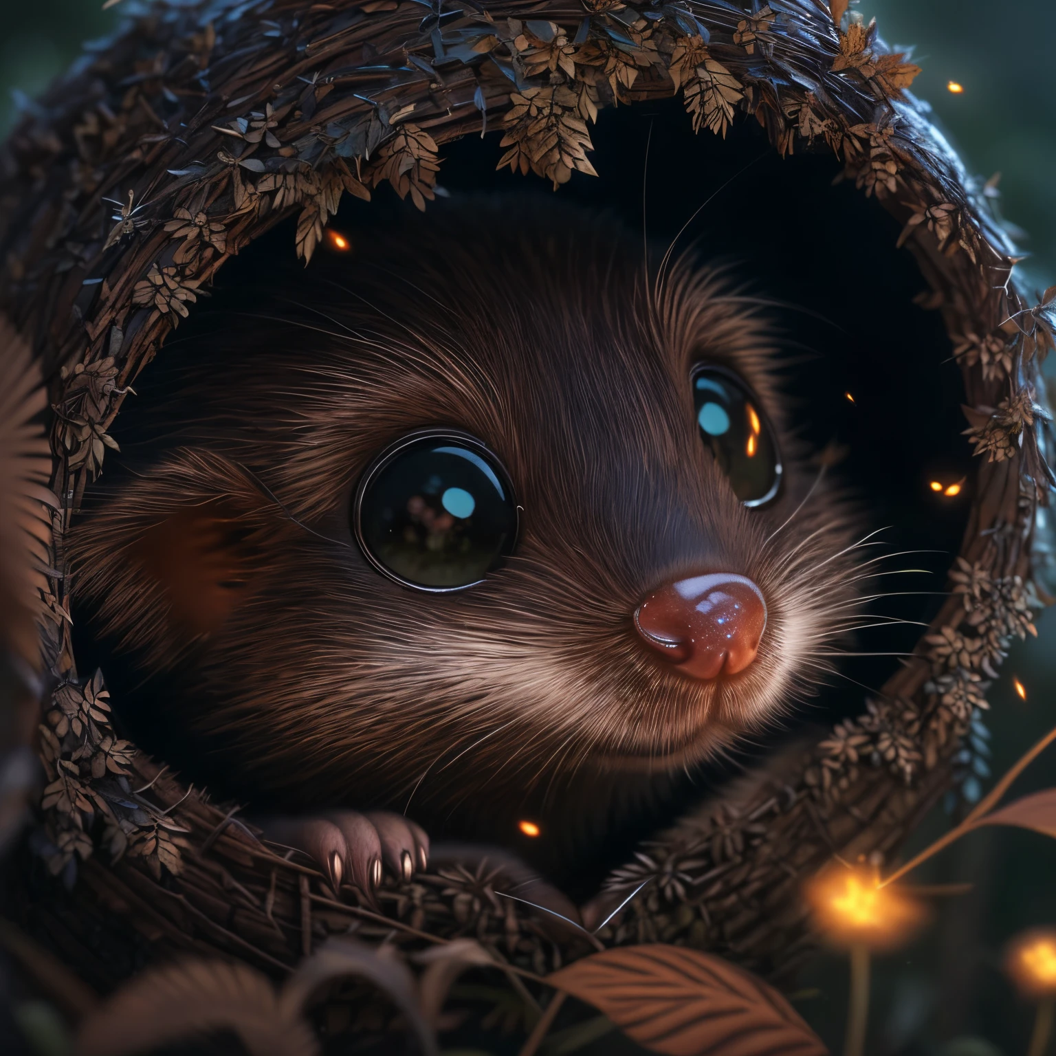 close-up of cute little fireflies, illuminate the bush, detailed picture, cgsociety, Detailed painting, artstation hd, higly detailed, cgsociety, photo realism, ConceptArt, artstation hd, official arts, bokeh ,(CBZBB:1.25)Realism,gremlin, gremlin looks like a mole, woods, house under oak roots, mole peeks out of hole, huge pointed ears, wear a dark leather vest with a hood, CBZBB,e, Smaaby, Beful, Fantasy art, deviant art, trending artstation, Digital Art, Detailed, Realistic, humanoid, character, tiny, Cinematic shot, cinematic portrait of a mole, cute character, looks like a mole,