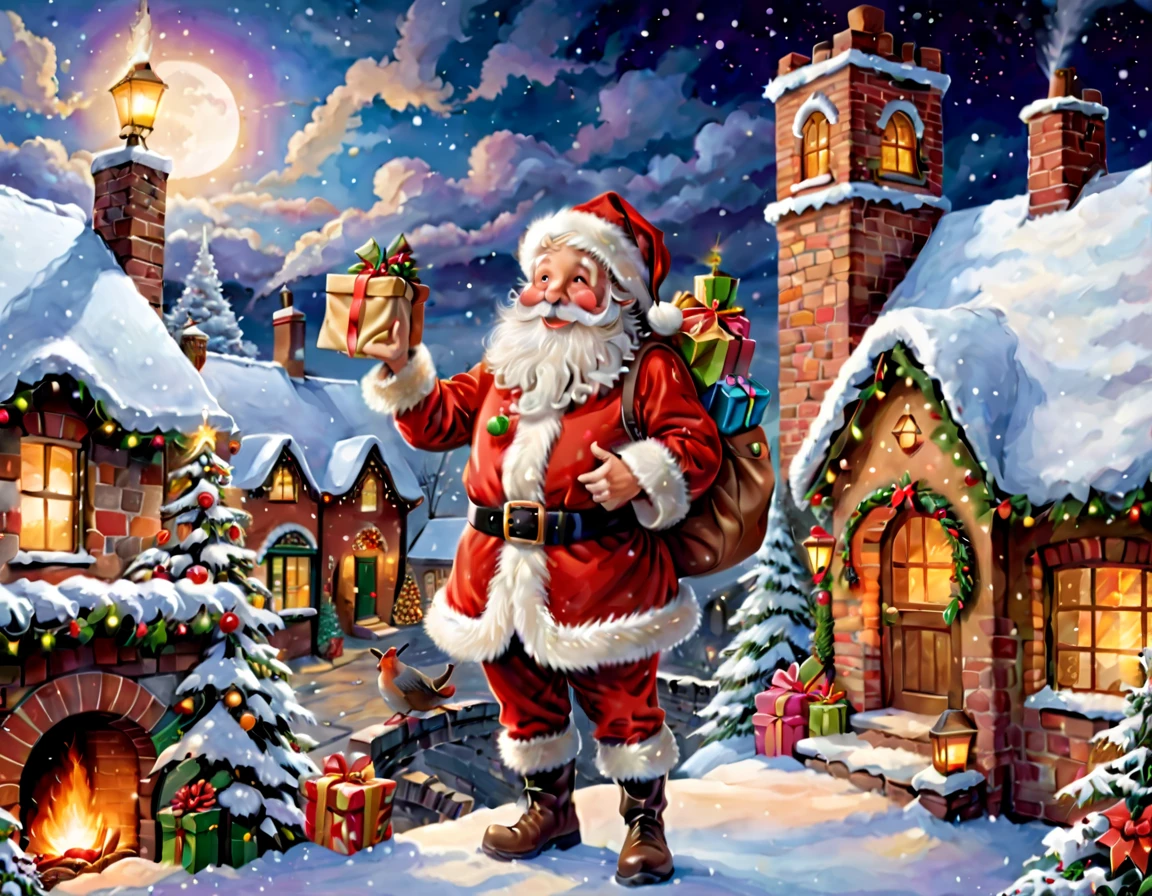 (Faraway view: 1.8), christmas，(Cute Santa Claus holding list and bag of gifts, Stand on the roof，Trying to climb into the chimney，robin standing on head)，Christmas elements，illustratio, Children's book illustration, inspired by Doug Ohlson, Add details, Polaris，sugar snow, backpacks，gifts, festivity, snowflower, Paintings by Alison Debenham, cover illustration，超高分辨率, illustratio, Christmas evening, hyper realisitc，Exquisite、Best quality、ultra - detailed、nice、Positioning details、colorful colorful