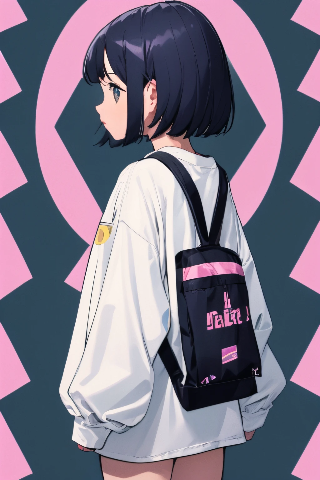 complex geometric pattern background、dark color、Cute little girl s、a short bob、Looking away、white baggyTThe shirt、printed shirt、loose-fitting clothes、Retro、top-quality、ultra-detailliert、High quality detailing