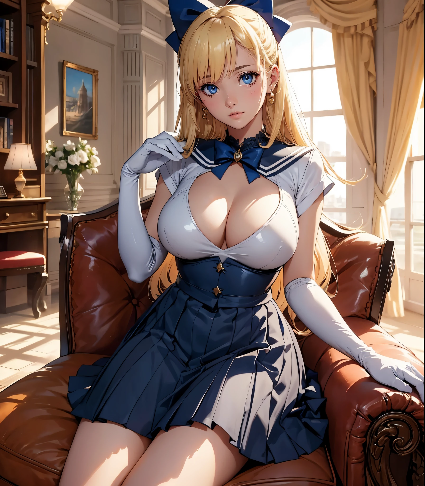 masterpiece, best quality, best illustration, HDR, beautiful details, intricate details, detailed scenery, dramatic light, best shadow, (full body shot), (1girl) big , good breasttiful, gorgeous ,sitting on a couch, blonde, medium shot, indoors, lab, cleavage, aalonde hair, bangs, circlet, jewelry, earrings, choker, latex sailor suit, bow, gloves, elbow gloves, blue skirt, feminine, blushing, white panties