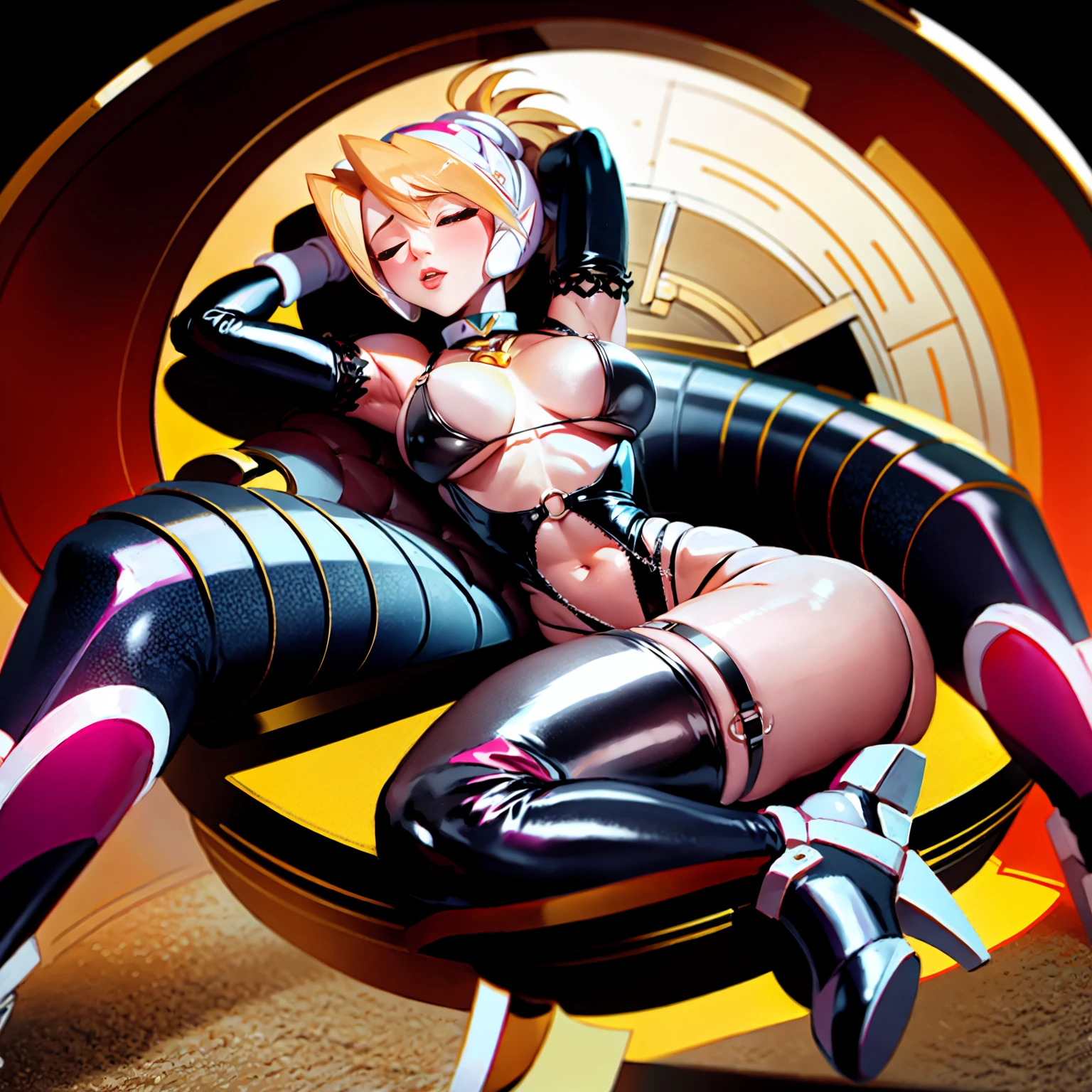 1girl, bdsm, Ciel (Mega Man Zero), long_hair, solo, blonde_hair, bondage, bound, breasts, underwear, sitting, medium_breasts, boots, navel, panties, elboloves, gloves, nipples, lying, lips, bound_legs, blue_eyes, detached_sleeves, realistic, nose, torn_clothes, 2d, on_back, ponytail, black_panties, shoes, revealing_clothes, harness, collar, whip_marks, thighhighs, latex, small_breasts, thigh_strap, black_legwear, bondage_outfit, high_heels, full_body, bra, very_long_hair, leather, black_footwear, cleavage, indoors, bound_arms, black_bra, large_breasts, day, bridal_gauntlets, elf, chair, closed_eyes, armpits, ribbon, knife, _toy, lace-up_boots, parted_lips, platform_footwear, legs_together