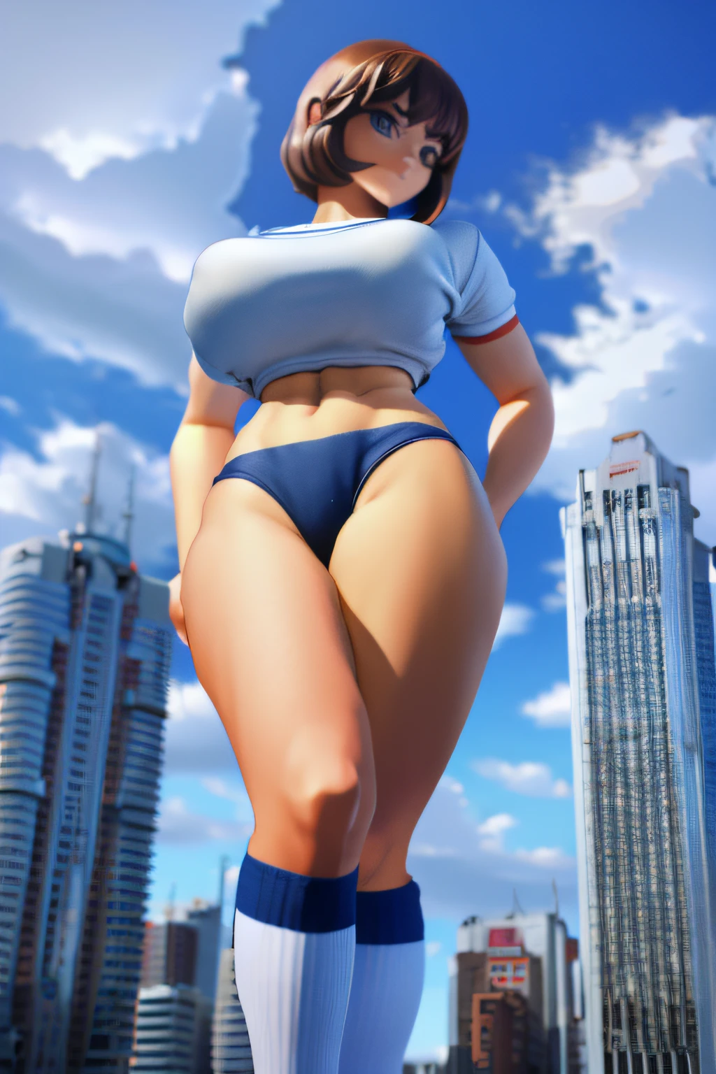 Buruma, giantess art, highly detailed giantess shot, der riese, Shorthair, Giant woman bigger than a skyscraper, Wearing rimless glasses, Colossal tits, Big ass, gymnastic suit, Navy blue high socks, hands off shoes, very small metropolis, Trying to destroy a miniature metropolis, Full body depiction, nffsw, der riese, Stomping City,crash city,Small town,micro city,