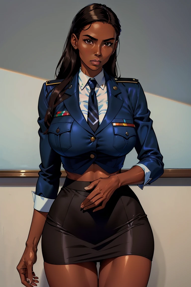 Five-fingered、1 black Female, Alafe Air Force Officer、thin and long legitness Model、abdominaletallic white shirt with breast pocket、blue jacket and pencil skirt、neck tie、Class Chapters、decoration、skin dark tanned、brown skin tone, brown skin, flawless skin、Pose ready to fight